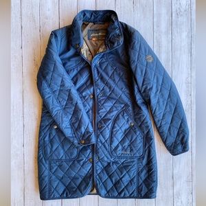 Eddie Bauer fall coat.  Blue with tan inside. Snap closures.  Size: PM